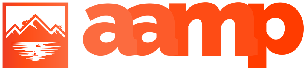 Logo with mountain and river reflection creating a silhouette of a face.